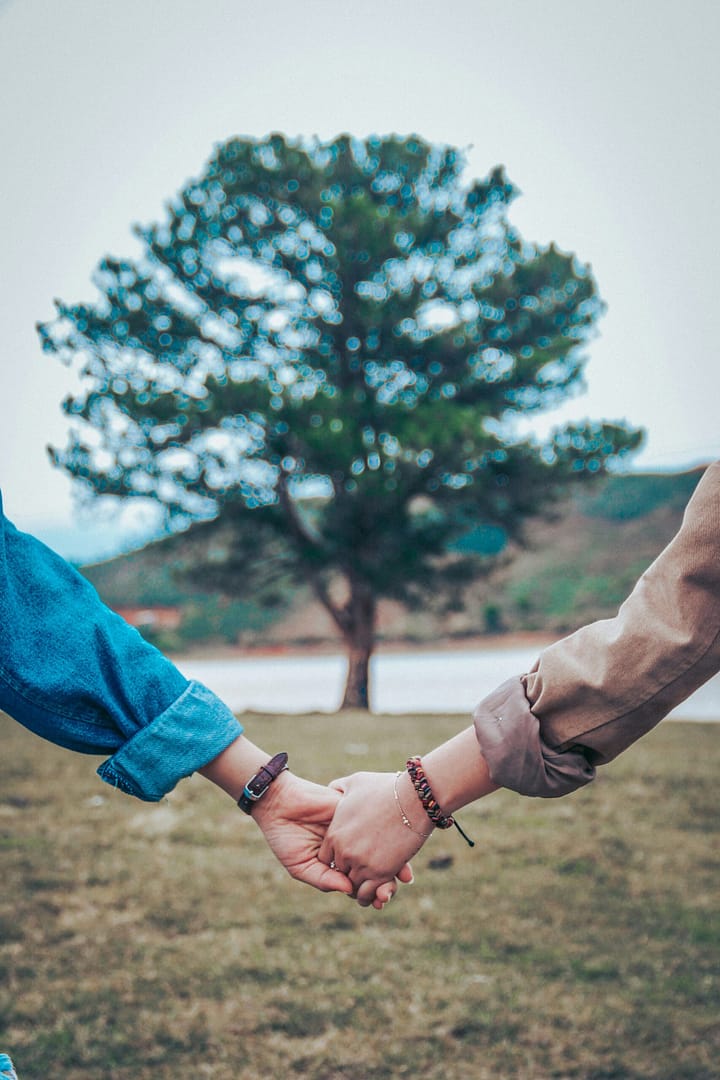 a couple holding hands infront of a tree